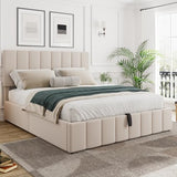 Gas Lift Up Storage Platform Bed, Upholstered Bed Frame with Hydraulic Storage System and Wooden Slat Support, Queen Size, Beige Merax