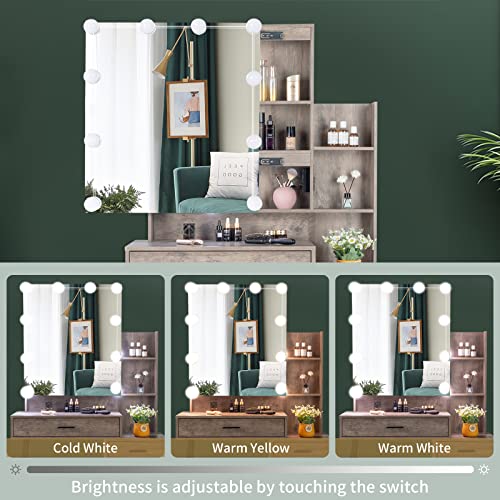VINGLI Vanity Desk with Sliding Mirror & Lights & Charging Station & Drawers & Shelves & Door, Farmhouse Modern Makeup Vanity Set with Stool (Rustic Gray, 39'' x 16'' x 63'', Bench Included) VINGLI