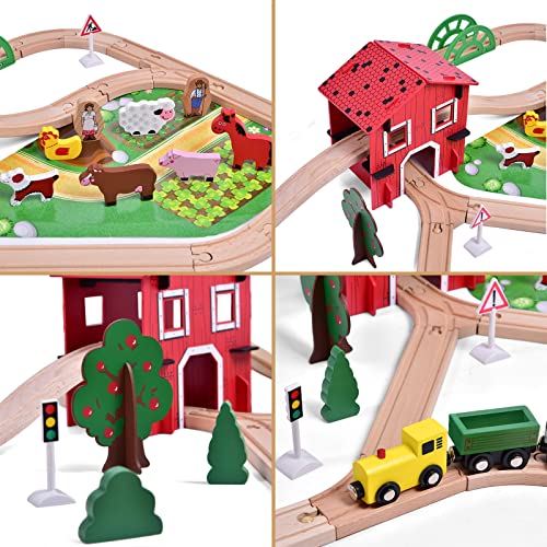 FUN LITTLE TOYS 77PCS Wooden Train Set Toy Train for Boys & Girls with Wood Train Track Fits Major Brand, Wooden Farm Play Set for Kids Wooden Toys