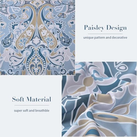 Drucon Blue Paisley Comforter Set Queen, 7 Pieces Bed in a Bag Boho Comforter Soft Microfiber Blue Paisley Bedding(1 Comforter, 1 Flat Sheet, 1 Fitted Sheet, 2 Pillow Shams, 2 Pillowcases) Drucon