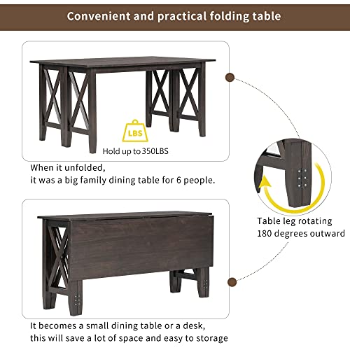 6 Pieces Dining Table Set with Bench, Wood Rectangle Table, 4 Chairs and Bench with Cushion, Kitchen Table Chairs Set for 6 Persons (Espresso) Merax