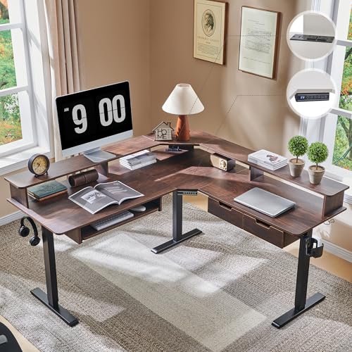 RedLemon 60 Inches L Shaped Electric Standing Desk, Height Adjustable Corner Gaming Desk with Drawers, Keyboard Tray, Power Outlets & LED Lights, Computer Desk with Monitor Shelf, Dark Walnut RedLemon