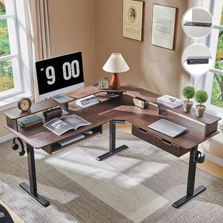 RedLemon 60 Inches L Shaped Electric Standing Desk, Height Adjustable Corner Gaming Desk with Drawers, Keyboard Tray, Power Outlets & LED Lights, Computer Desk with Monitor Shelf, Dark Walnut RedLemon