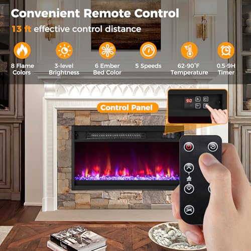 COSTWAY 23 Inch Recessed Fireplace Heater, Electric Fireplace Insert w/Multi-Color Flame & Crystal Ember Bed, Remote Control, 9H Timer, Built-in Thermostat & Overheat Protection, 1500W COSTWAY