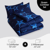 Caressma Star Comforter Teen Boy Girl Bedding Blue Galaxy Queen Size Microfiber Set 3 Pieces with Pillowcases for All Seasons Caressma
