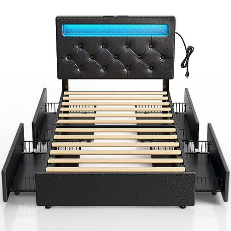 Rolanstar Twin Bed Frame with 4 Storage Drawers and Charging Station,Twin Bed with Led Lights, 2 USB & 1 Type C, Adjustable Headboard 38.9/40.8 Inches, No Box Spring Needed, Black Rolanstar