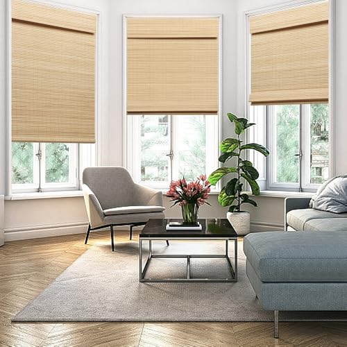 SEEYE Cordless Natural Bamboo Roman Shades - 95% Blackout Privacy Blinds for Home and Office, 30" W x 64" H - WoodArtSupply