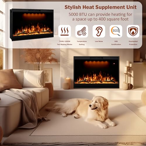 Dreamflame Electric Fireplace Inserts 36inches Wide, Recessed in Wall Fireplace Heater w/Remote Control, 3 Colors Led Top Light& Realistic Flame w/ 5 Brightness, Thermostat, 750W/1500W, Black Dreamflame