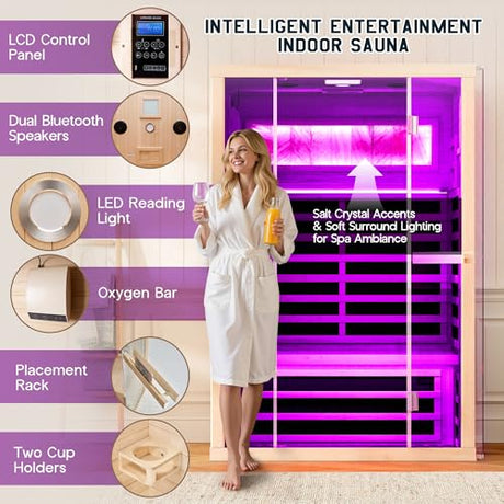 Albott Infrared Sauna 2 Person, Infrared Saunas for Home, Low EMF 110V Hemlock Wood Dry Sauna with Tourmaline Foot Warmer, 7-Color Light Therapy & Salt Crystal Bricks, 47.2"x34.2"x70.9" Albott