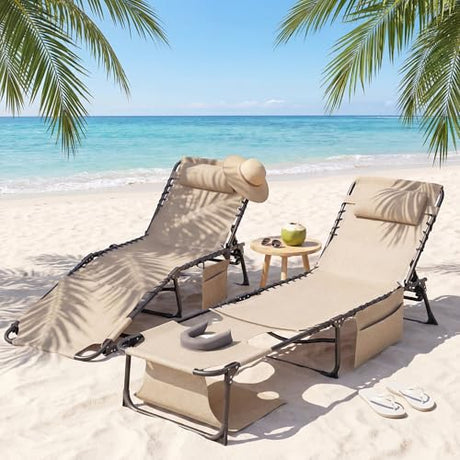 Flamaker Oversize Face Down Chaise Lounge Chair, 27 Inch Wide Foldable Outdoor Patio Chair, 5-Position Adjustable Tanning Chair with Face& Arm Holes for Sunbathing, Pool, Beach, Lawn (Beige, 1 Pcs) Flamaker