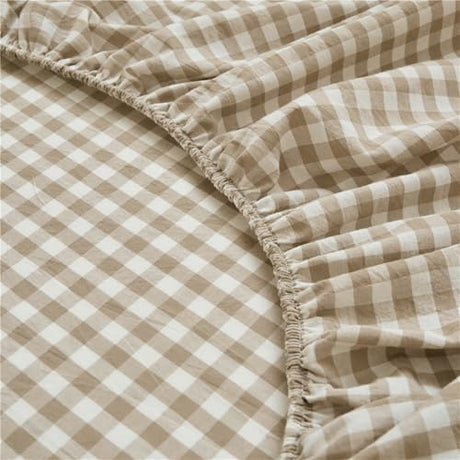 Tan Gingham Fitted Sheet Queen 100% Washed Cotton Taupe Plaid Queen Bed Sheet Grid Single Bottom Sheet with 15" Deep Pocket Gingham Bedding Grid Sheet 1 Piece Cotton Breathable Mattress Cover LifeTB