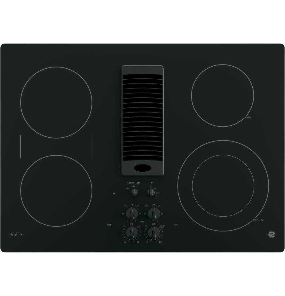 GE PP9830DJBB Profile Series Electric Cooktop with 4 Burners and 3-Speed Downdraft Exhaust System, 30", Black GE