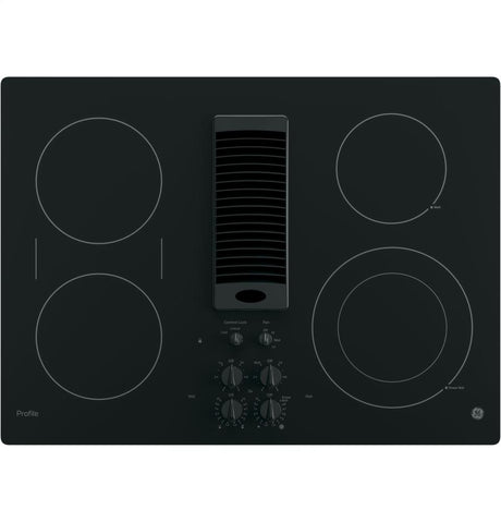 GE PP9830DJBB Profile Series Electric Cooktop with 4 Burners and 3-Speed Downdraft Exhaust System, 30", Black GE