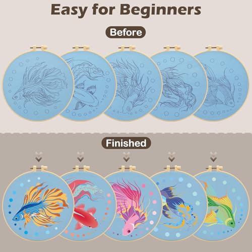 LOADSFUN 5 Pack Embroidery Kit for Beginners - Needlepoint Kits for Adults Step by Step Instructions with Video Tutorials, Full Craft Tool Set with Hoop, Needles and Threads (Goldfish)