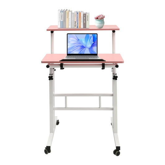 YUYANSHOP 24" Mobile Stand Desk, Small Lift Table Adjustable Standing Desk with Wheels Storage Home Office Workstation, Portable Rolling Desk Laptop Cart for Standing&Sitting (24", Pink)