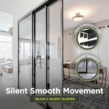 3-Panel Clear Glass Sliding Room Divider - Tempered Glass Wall Separator Screen for Office, Home, Workstation, Cubicle, Desk - Commercial & Residential Partition - 90" W x 80" H, Black Frame The Sliding Door Company