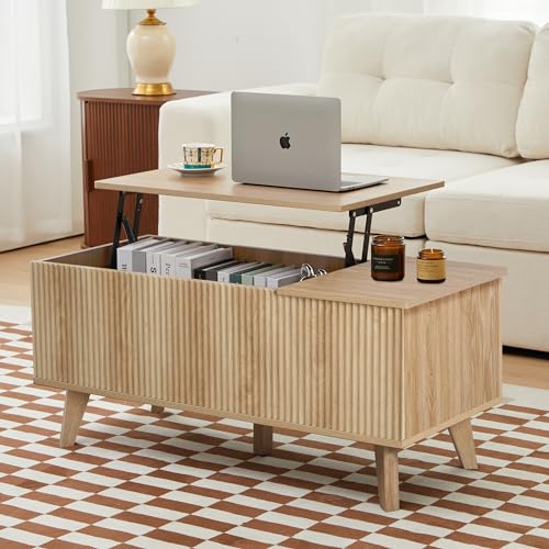 Wooden Fluted Lift Top Coffee Table with Hidden Compartment, Modern Rectangle Center Tables with Adjustable Storage Shelf, Lift Tabletop Dining Table for Home Living Room Office(Natural) - WoodArtSupply