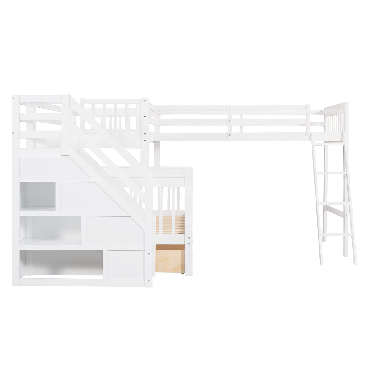 HRJHLucky Twin Over Full L-Shaped Bunk Bed with 3 Drawers,Triple Bunk Bed with 3 Drawers and Storage Stairs,Wood Corner Beds for Kids, Teens, Adults (White) HRJHLucky