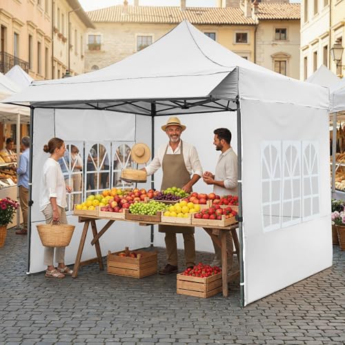 Tangkula 10x10 FT Pop Up Canopy, Outdoor Tent with 3 Sidewalls & Awning, Wheeled Bag, 4 Sandbags, 8 Stake, 4 Ropes, Portable Canopy Tent for Party Picnic Event Beach Camping (White) Tangkula