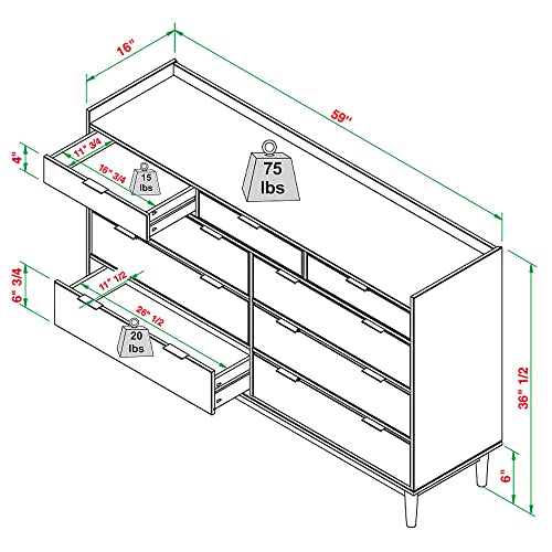 Walker Edison Blythe Mid-Century Modern Tray-Top Solid Wood 9-Drawer Dresser, 60 Inch, Black Walker Edison