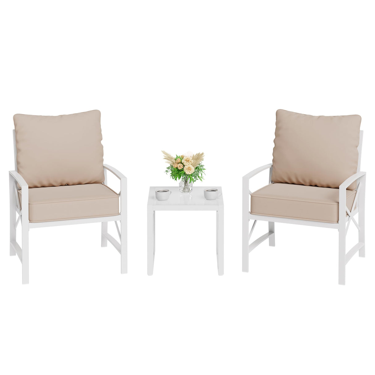 Shintenchi 3 Piece White Metal Outdoor Furniture Sectional Set, Modern Outdoor Metal Chair Conversation Furniture Set with Coffee Table for Patio,Backyard,Balcony (Khaki) Shintenchi