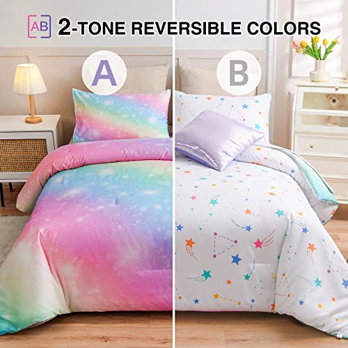 A Nice Night 6Pcs Gradient Glitter Bedding Set for Girls, Colorful Rainbow Galaxy Comforter Set, Ultra Soft Bedding Sets (Pink,Queen 6Pcs) A Nice Night