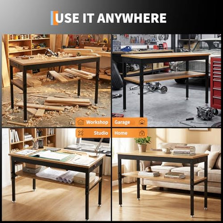 48" Work Bench, Adjustable Height Workbench with Storage Shelf, 48" x 24" Work Benches for Garage, 2500 LBS Tool Bench with Power Outlet for Workshop & Home EliteEdge