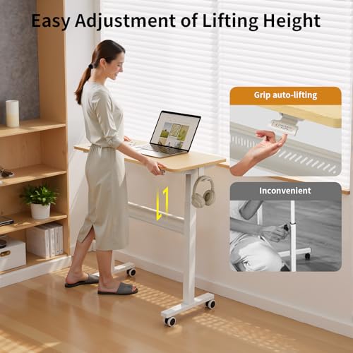 WALKINGDESK Mobile Walking Pad Desk with Wheels, Pneumatic Small Rolling Standing Desk Riser Height Adjustable (28-43.7") for Treadmill, Portable Computer Table for Home Office, Oak WALKINGDESK