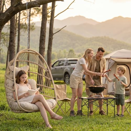 Nicesoul Outdoor Hanging Egg Chair Without Stand, Patio Wicker Swing Egg Basket Chairs with Padded Cushion, 350 Lbs Comfy Cozy Ceiling Tree Swinging Egg-Shaped Chair No Stand for Indoor Balcony, Beige NICESOUL