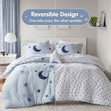 Intelligent Design Kids Cosmos Twin Size Comforter Set – Blue Star and Moon Tufted Chenille, Reversible 3-Piece Bedding with Star Pillow Intelligent Design