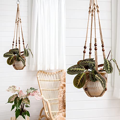 Mkono Macrame Plant Hanger Indoor Jute Hanging Planter Basket with Wood Beads Decorative Flower Pot Holder No Tassels for Indoor Outdoor Boho Home Decor 35 Inch, Brown, Set of 1 (POTS NOT Included) Mkono