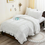WONGS BEDDING White Comforter Set Twin, 3 Pieces Ruffle Shabby Chic Comforter for Dorm Room Essentials for Twin Bed, Soft Seersucker Bedding Set with 1 Ruffle Comforter, 2 Tufted Pillowcases 86"×68" WONGS BEDDING