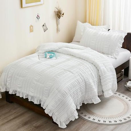 WONGS BEDDING White Comforter Set Twin, 3 Pieces Ruffle Shabby Chic Comforter for Dorm Room Essentials for Twin Bed, Soft Seersucker Bedding Set with 1 Ruffle Comforter, 2 Tufted Pillowcases 86"×68" WONGS BEDDING