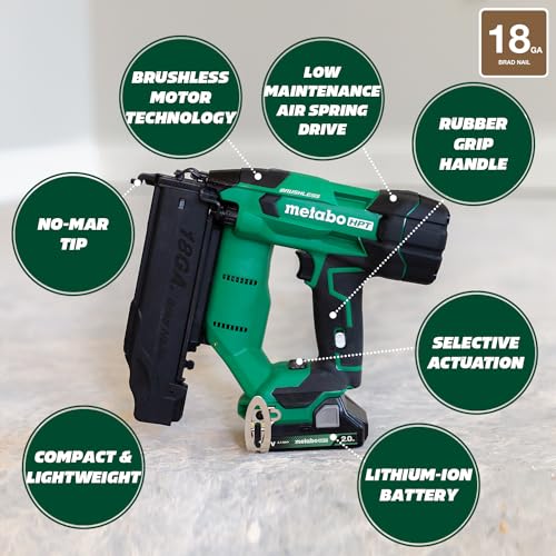 Metabo HPT 18V MultiVolt™ Cordless Brad Nailer Kit, 18 Gauge, 5/8" up to 2" Brad Nails, Includes (1) 18V 2.0Ah Lithium Ion Battery w/Fuel Gauge, Charger, Bag, Lifetime Power Tool Warranty, NT - WoodArtSupply