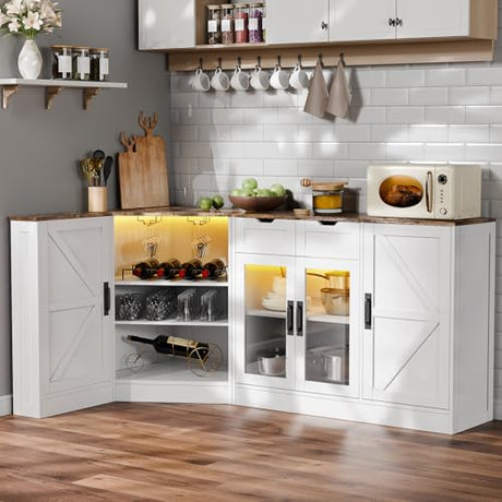L-Shaped Kitchen Buffet Storage Cabinet - Corner White Sideboards and Buffets with Storage Drawer & Door, 65'' Long Farmhouse Coffee Bar with LED & Wine Rack, Dining Room Islands for Kitchen (White) Gyfimoie