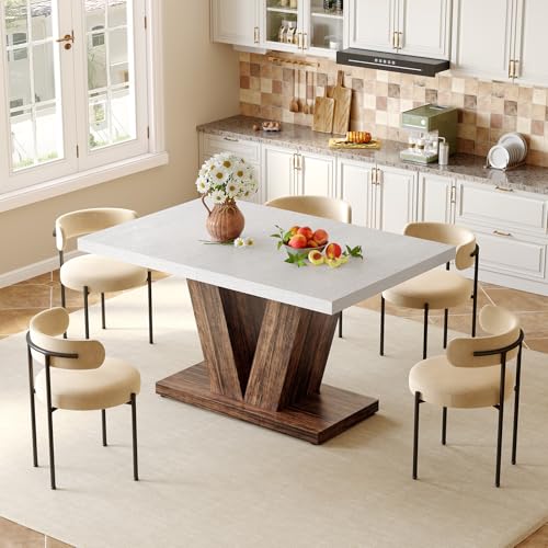LITTLE TREE 47 Inches Dining Table for 4, Modern Dining Room Tables, White Rectangle Kitchen Table with Rustic Brown V-Shaped Pedestal, Wooden Dinner Table for Dining Room, Kitchen, Living Room LITTLE TREE