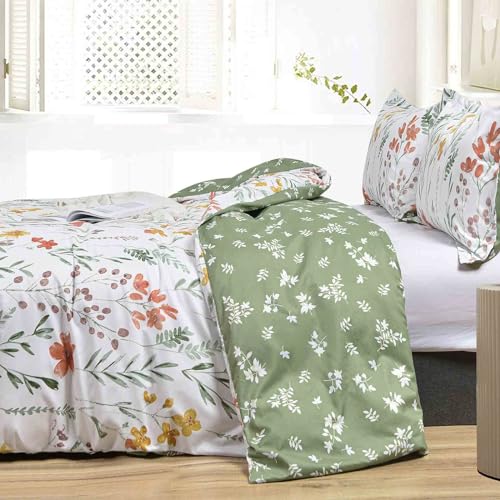 Floral Duvet Cover King Size - White Yellow Flowers and Green Leaf Spring Botanical Printed Microfiber Comforter Cover Set - 3PC 104X90 Soft and Lightweight Quilt Cover, Farmhouse Style for Women Men Faincy
