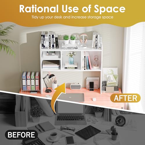 SUPER DEAL Desktop Bookshelf, Countertop Storage Hutch with 4 Shelves for Computer Desk, 2-Tier Display Rack, Multipurpose Wood Desk Hutch Storage Organizer for Home Office Dorm, White SUPER DEAL