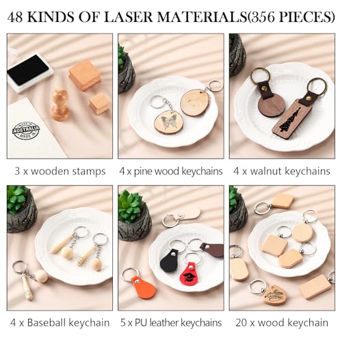 Tondiamo 356 Pcs Bulk Laser Engraving Supplies Blank Material Kit DIY Engraver Accessories Including Acrylic Glass Stainless Steel Wood Fabric PU Leather Rock Rubber Materials for Laser Cutters Tondiamo