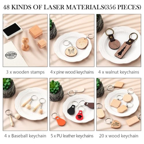 Tondiamo 356 Pcs Bulk Laser Engraving Supplies Blank Material Kit DIY Engraver Accessories Including Acrylic Glass Stainless Steel Wood Fabric PU Leather Rock Rubber Materials for Laser Cutters Tondiamo