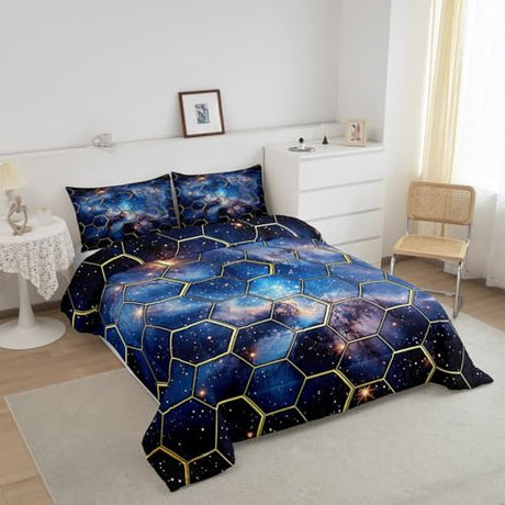 Abstract Honeycomb Kids Comforter Set Twin Size,Glitter Stars Galaxy Outer Space Bedding Set,Boys Girls Room Decor,Geometric Minimalist Hexagon Down Comforter,Blue Duvet Insert,1 Pillowcase Manfei