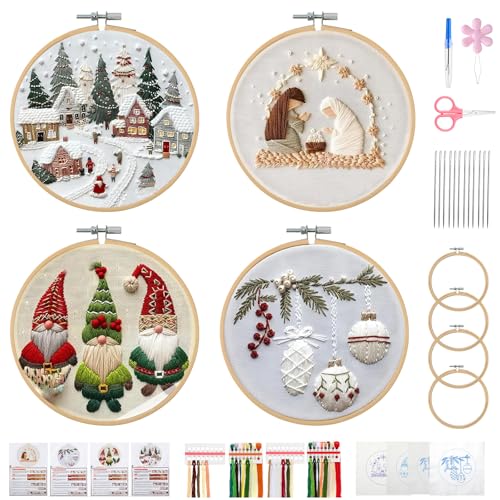 KerrDtbb Christmas Embroidery Kit, DIY Hand Embroidery Kit, Beginner Embroidery Kit for Adults, Embroidery Christmas Ornament Kits (A)