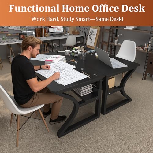 NovolyDJZ Computer Desk, 55'' Computer Desk Home Office Desks w/Storage Shelves & U Shaped Metal Frame, Study Writing Desk w/Cable Management, Deeper & Thicker Desktop Table for Home Office NovolyDJZ