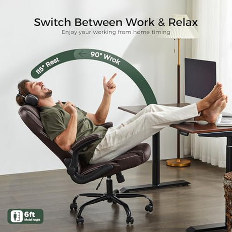 amseatec Office Chair, Executive PU Leather Chair, Ergonomic Computer Desk Chair with Lumbar Support and Adjustable Flip-Up Arms, Rocking Task Chair (Brow amseatec