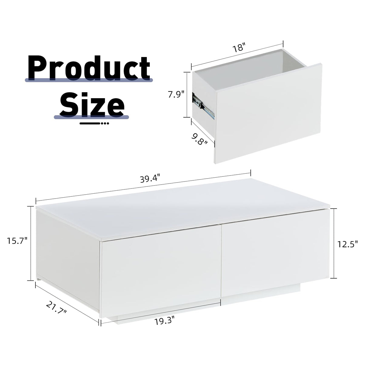 TUKAILAi Coffee Table with 4 Drawers, LED Lights & Power Strip Modern Minimalist Rectangle Coffee Table for Home Living Room Office (White) TUKAILAi