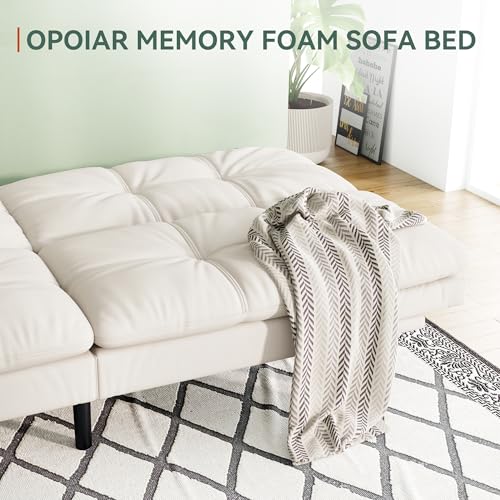 Opoiar 71" L Covertible Futon Sofa Bed,Faux Leather Futon Couch, Memory Foam Modern Loveseat Sleeper, Small Splitback Sofa Couches for Living Room,RV,Home Office,Apartment,White Opoiar