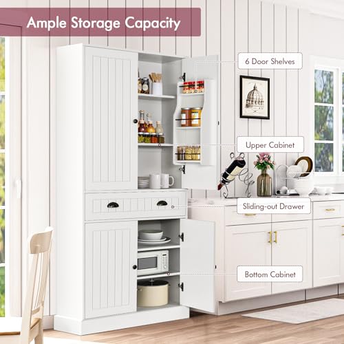 4 EVER WINNER Kitchen Pantry Storage Cabinet with 6 Door Shelves, 72" Tall Cupboard with 4 Adjustable Shelves and Large Drawers, Modern Food Pantry Cabinet for Kitchen, Dinning Living Room, White