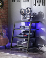 CHOEZON 4-Tier AV Media Stand with Wheels, Stereo Stands, Media Console Shelf with Power Strips, LED Lights, Wooden Audio Cabinet Rack Tower for Record Player/Apple TV/ps4, Black TCJ60UDBB CHOEZON