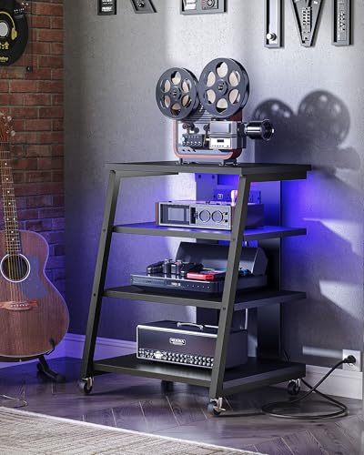 CHOEZON 4-Tier AV Media Stand with Wheels, Stereo Stands, Media Console Shelf with Power Strips, LED Lights, Wooden Audio Cabinet Rack Tower for Record Player/Apple TV/ps4, Black TCJ60UDBB CHOEZON