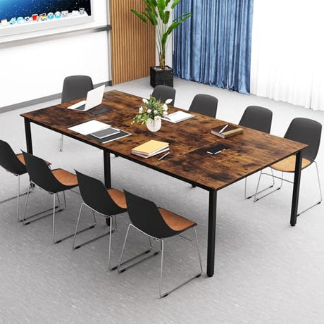 GOFLAME 8 FT Conference Room Table, Large Meeting Desk Seats up to 10 People, 2 Cable Grommets, Rectangle Seminar, Business Table, Training for Office, Boardroom, Rustic Brown + Black GOFLAME